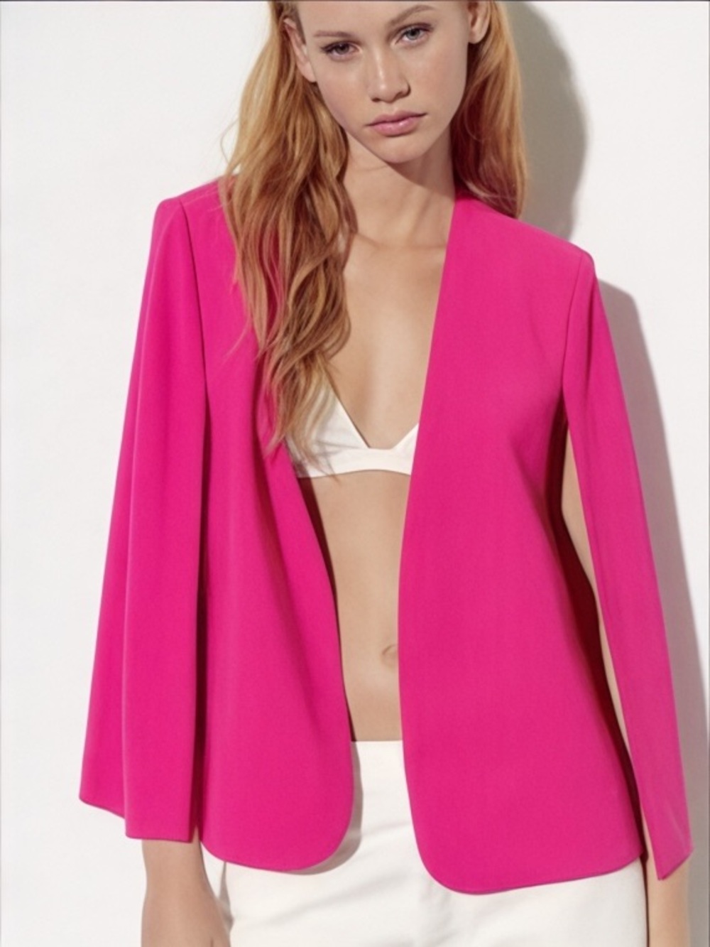 Zara Cape Blazer Hot Pink Fuchsia M Open Front Trinny Power Jacket